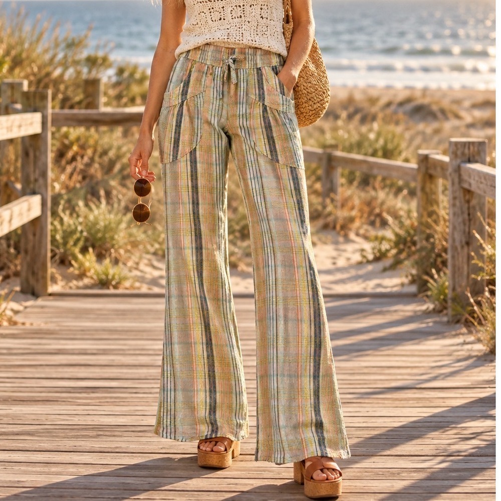 Kimchi Blue Simone Linen Pants S Pink Stripe 70s Boho Coastal Flare